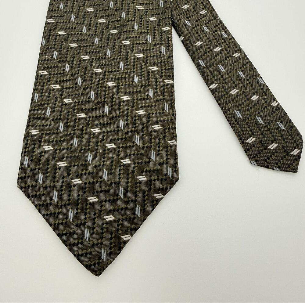 Jos. A. Bank Silk Necktie Mens Olive Green Geometric Accent 56" USA
